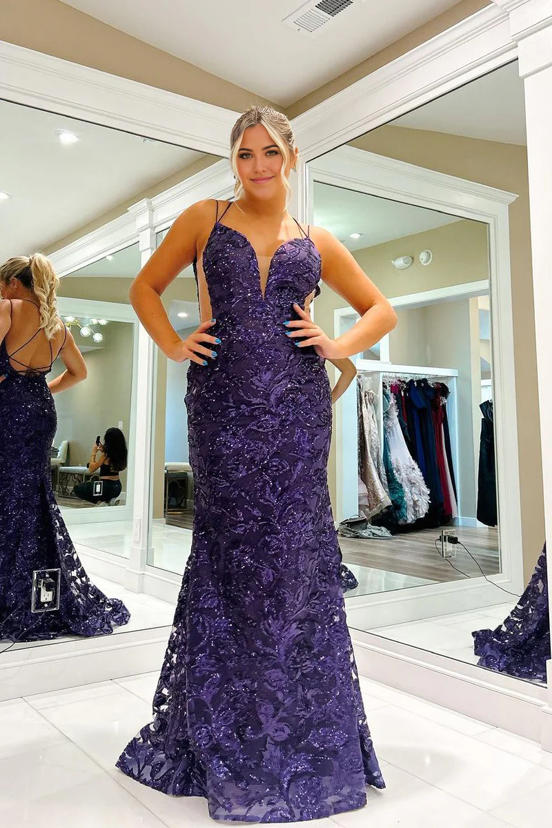 Mermaid Charming V Neck Purple Sequins Long Prom Dresses